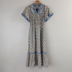 Othilia Dress Womens XS Blue Pink Floral Titania Flounced Maxi Cottage Peasant 